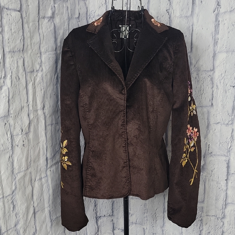 Evelyn Chocolate Brown Corduroy Floral Embroidered Blazer 14